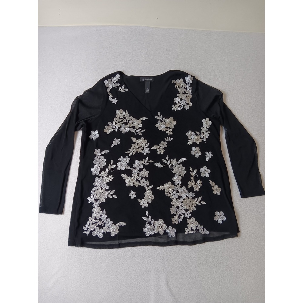 INC International Concepts Woman Black Silver Floral Embroidered Mesh Blouse 1X